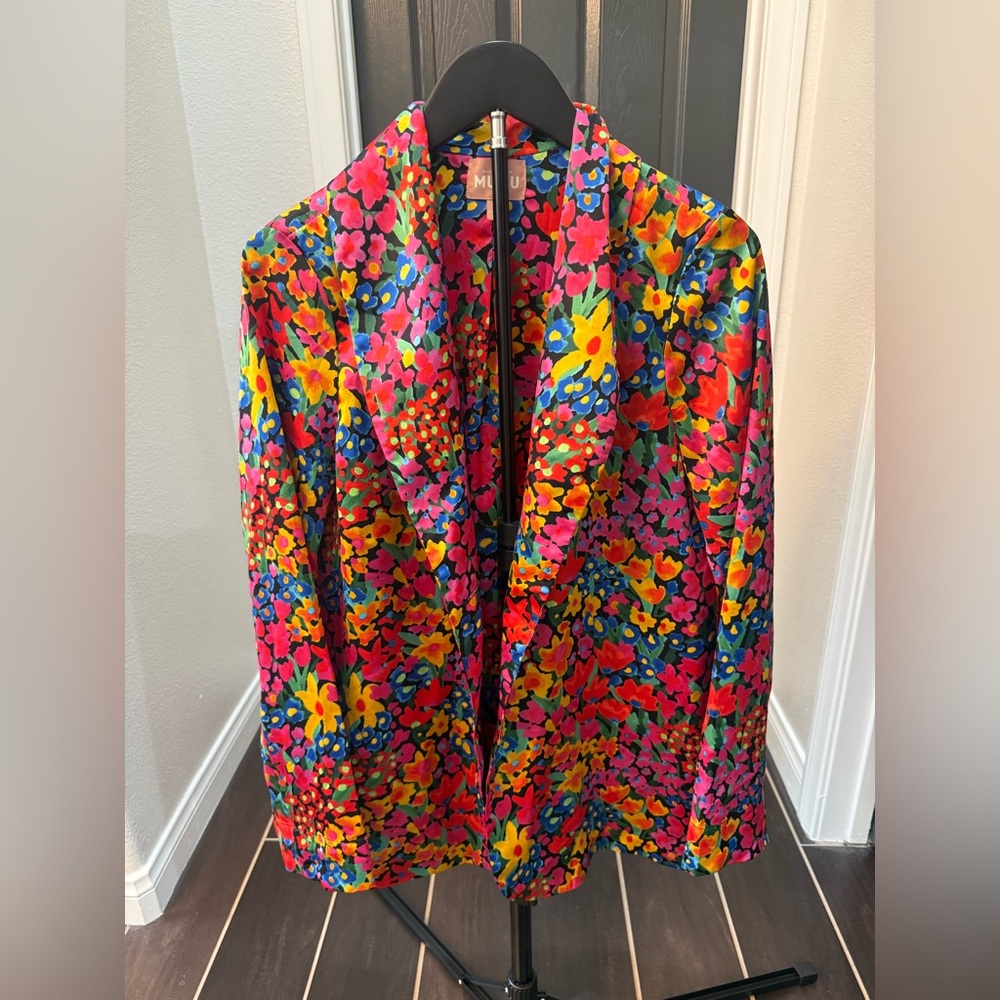 Show Me Your MuMu Vibrant Floral Satin Blazer in Pink, Yellow & Blue